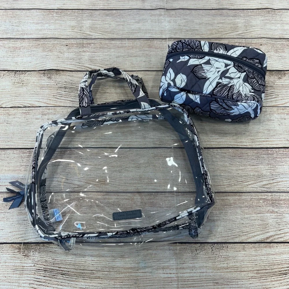 Vera Bradley Imperial Leaves Clear Travel Tote and Quilted Cosmetic Bag Set Gray